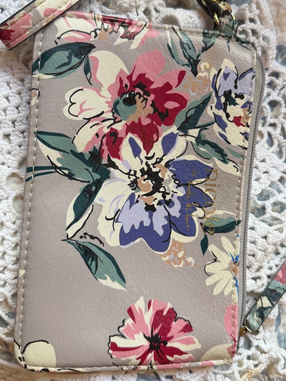 Nicole Miller (Nicole)- Floral Faux Leather Wristlet with Gold Logo